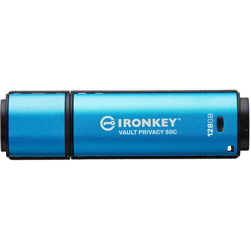 Horizontal view of Kingston IronKey Vault Privacy 50C USB drive showing capacity and branding