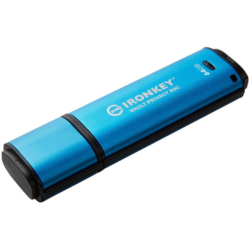 Kingston IronKey Vault Privacy 50C USB drive in metallic blue with black end caps