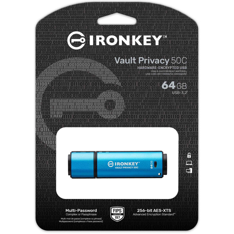 Retail packaging of Kingston IronKey Vault Privacy 50C showing security features and certifications