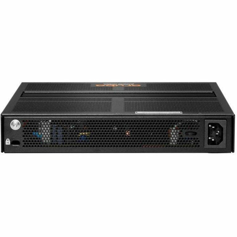 Side view of the Aruba CX 6200F 12G Class4 PoE network switch showing ventilation grills and power input