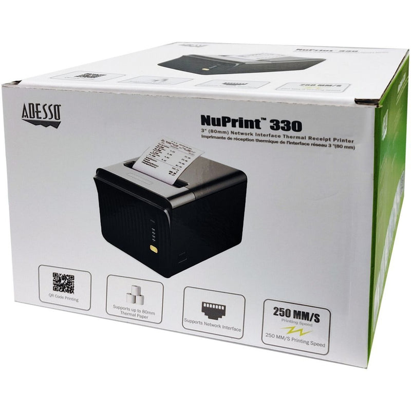 Product packaging for NuPrint 330 thermal receipt printer showing features and contents