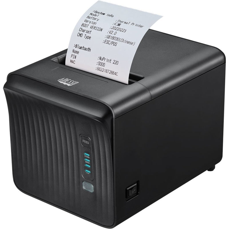 Adesso NuPrint 330 thermal receipt printer printing a system information receipt, showing its sleek black design and LED indicators