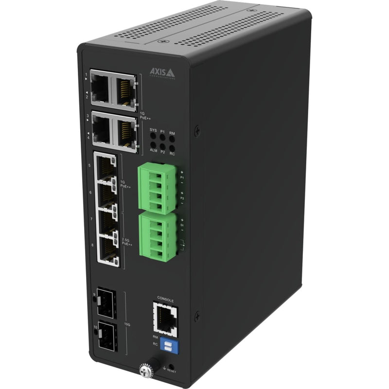 Front view of AXIS D8208-R industrial PoE++ switch showing 8 Ethernet ports, dual SFP+ slots, and green terminal blocks