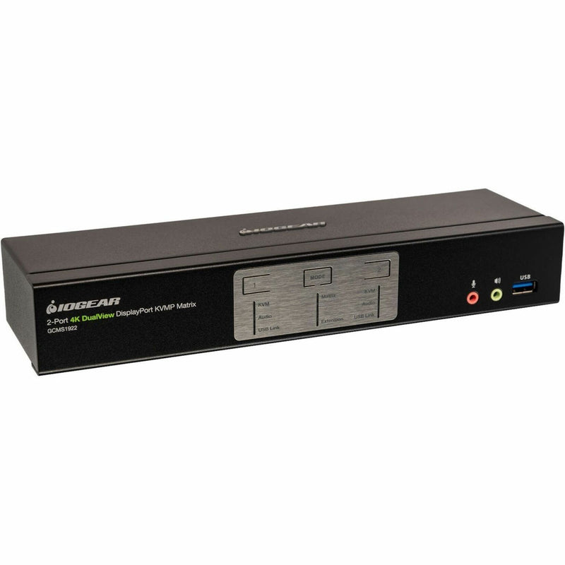 Front view of IOGEAR GCMS1922 2-Port 4K KVM switch showing control panel and USB/audio ports