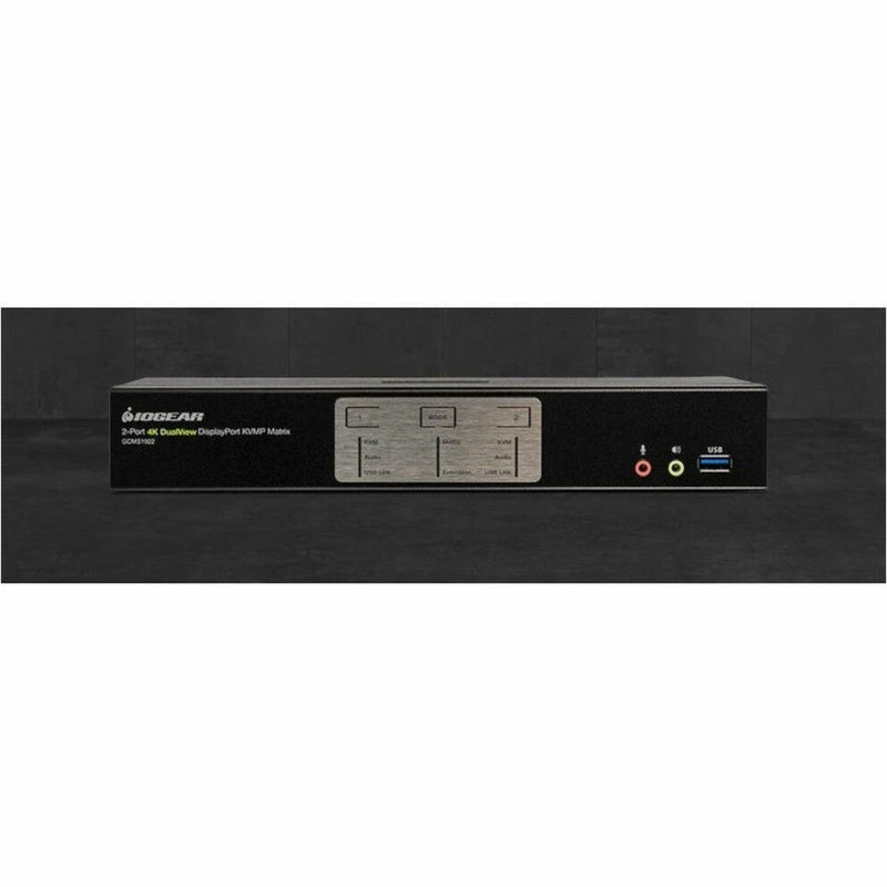 Angled view of IOGEAR KVM switch showing sleek design and control panel