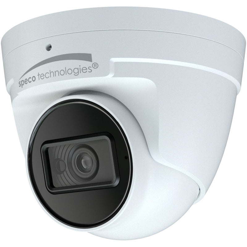 White Speco O4VT2 4MP turret security camera with dark lens housing and curved dome design mounted for outdoor surveillance