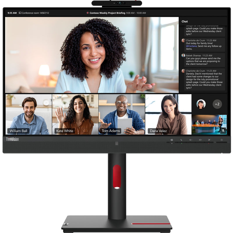 Lenovo ThinkVision T24mv-30 monitor displaying a video conference with multiple participants and chat interface