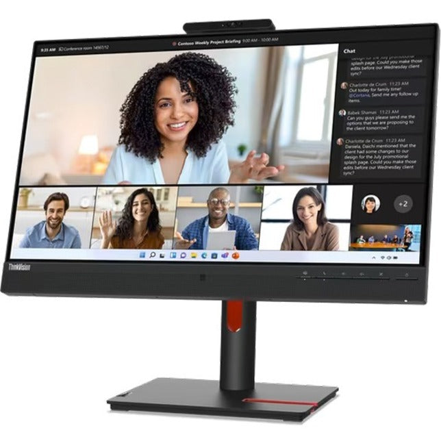 Angled view of Lenovo ThinkVision T24mv-30 monitor displaying meeting interface