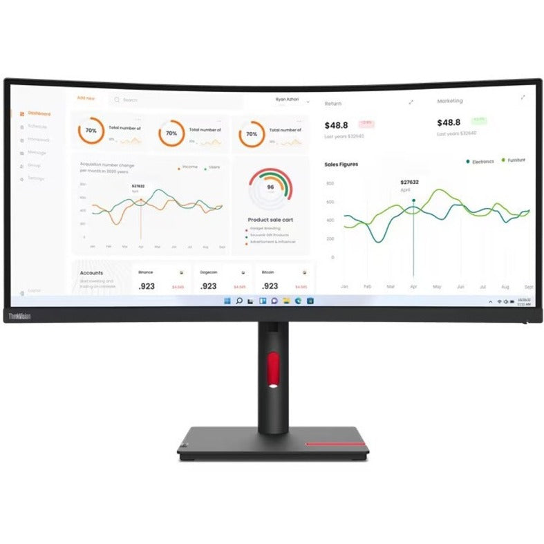 Front view of Lenovo ThinkVision T34w-30 monitor showing full stand and base design with red accents