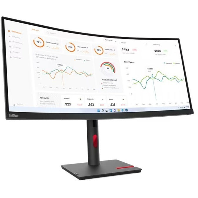 Lenovo ThinkVision T34w-30 monitor displaying business analytics dashboard with graphs and metrics on curved ultrawide screen