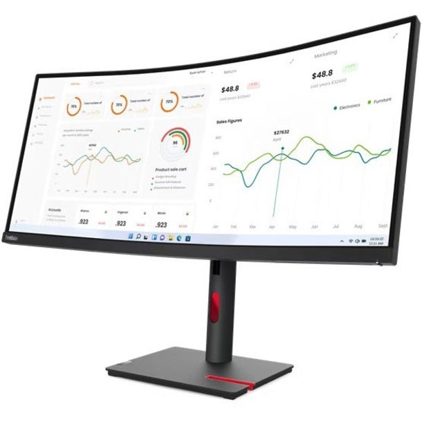 Angled view of Lenovo ThinkVision T34w-30 showing curved display with business analytics content