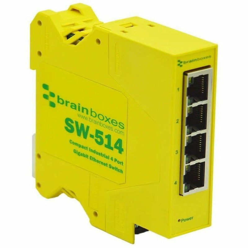 Front perspective of SW-514 showing all four numbered Ethernet ports and power indicator