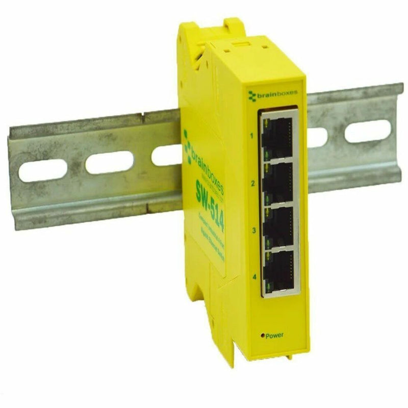 SW-514 mounted on DIN rail showing practical installation configuration