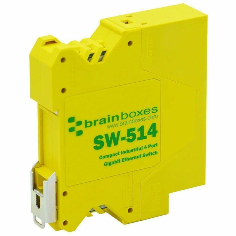 Front view of yellow Brainboxes SW-514 industrial Ethernet switch showing product labeling and mounting features