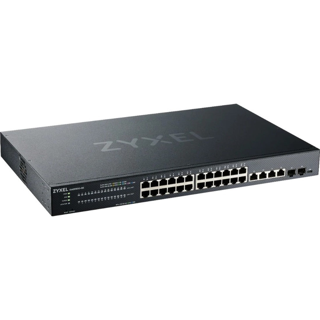 Front view of ZYXEL XMG1930-30 Multi-Gigabit Ethernet Switch showing 28 network ports and LED status indicators-alternate-image1