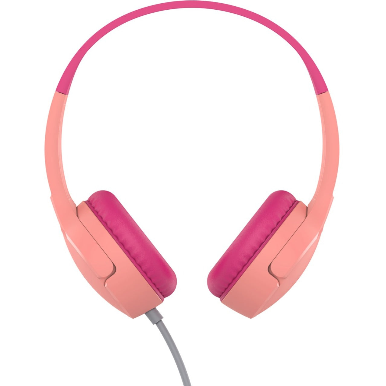 Front view of pink Belkin kids headphones showing cushioned ear cups and adjustable headband-alternate-image2