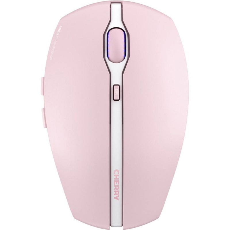 Top view of CHERRY GENTIX BT mouse in cherry blossom pink with illuminated scroll wheel and white accent stripe