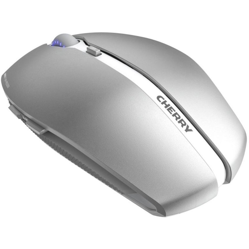 Angular view of CHERRY GENTIX BT mouse showing frost silver finish and LED indicators