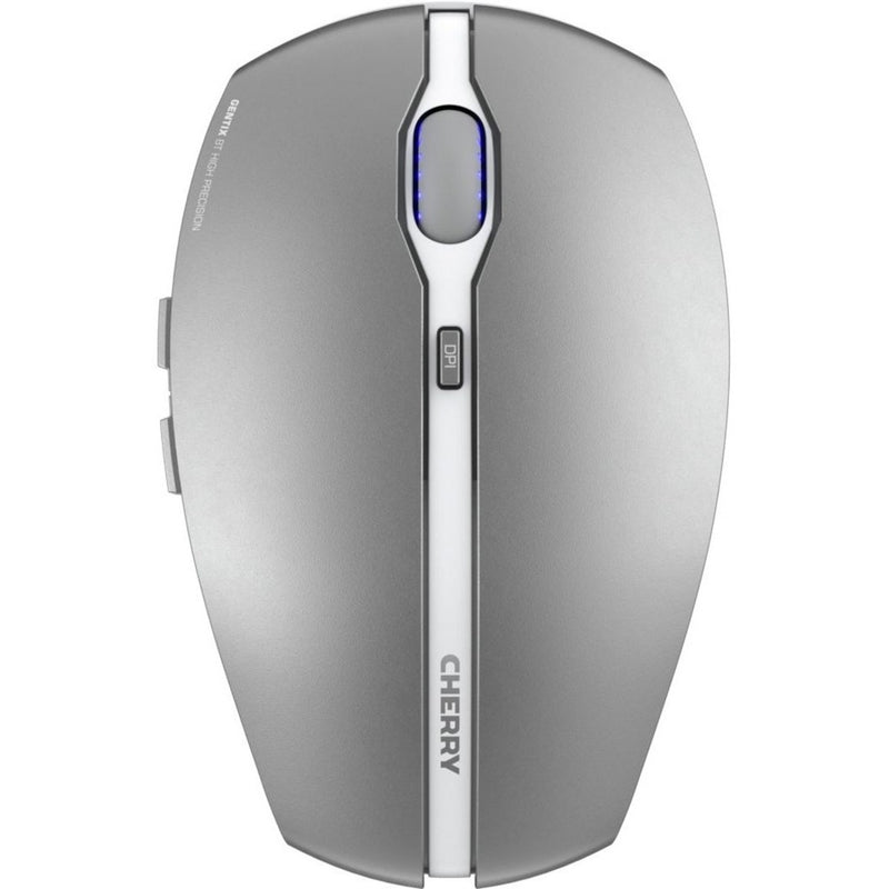 Top view of CHERRY GENTIX BT mouse in frost silver with illuminated blue scroll wheel