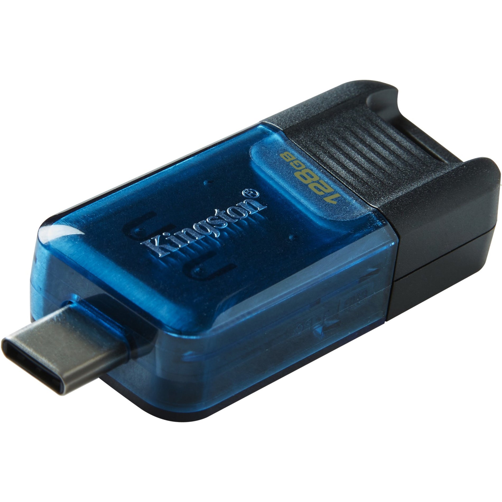 Close-up view of Kingston DataTraveler 80 M USB-C flash drive showing blue translucent casing and USB-C connector-alternate-image1