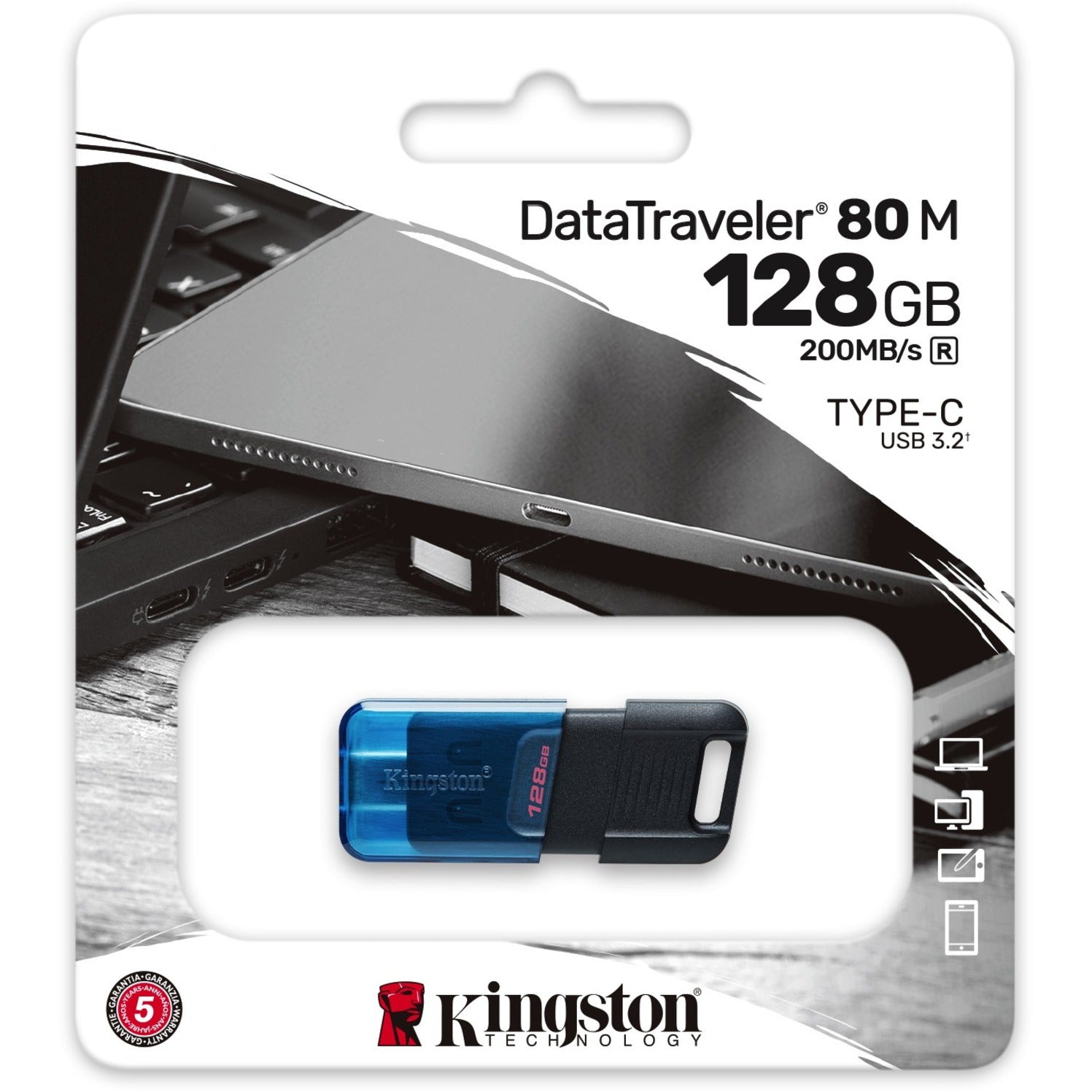 Kingston DT80M/128GB DataTraveler 80 M 128GB USB-C Flash Drive 5 Jaar Garantie 200 MB/s Overdrachtssnelheid