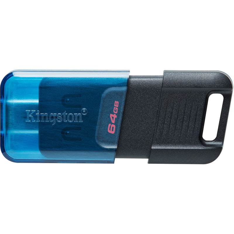 Kingston DataTraveler 80 M USB-C flash drive with blue translucent casing and black sliding cap showing 64GB capacity