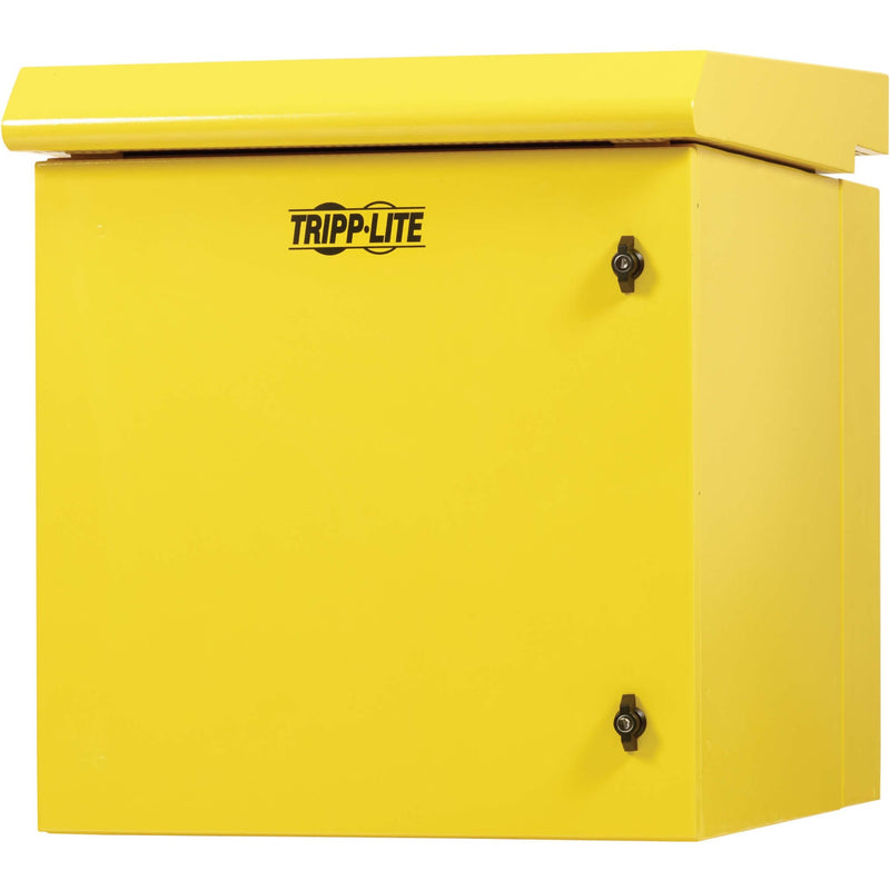 Side angle view of yellow industrial rack enclosure showing weather-resistant top design