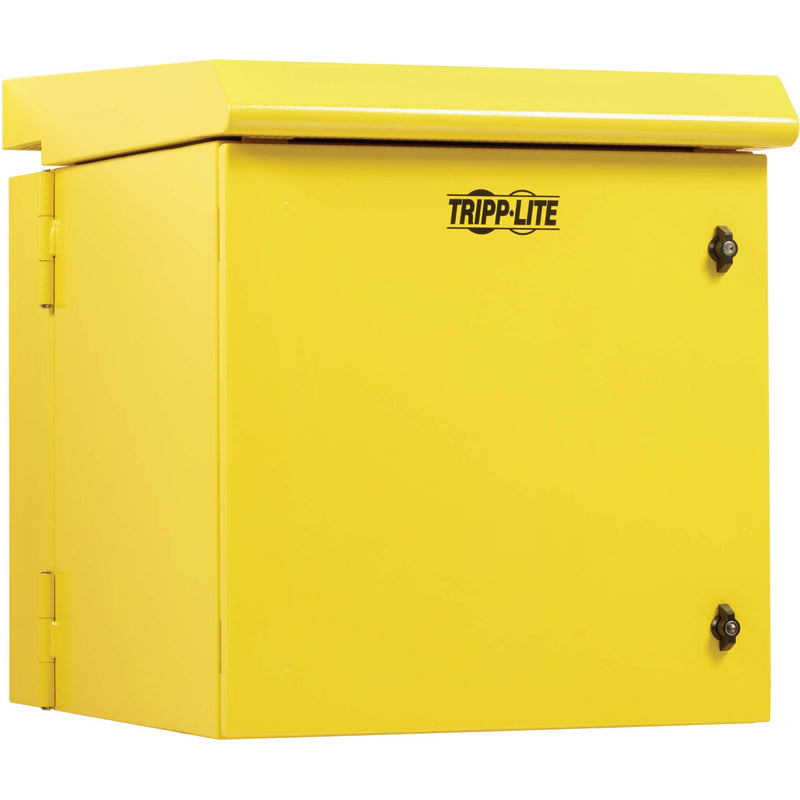 Front view of yellow Tripp Lite SmartRack industrial enclosure with secure locking system