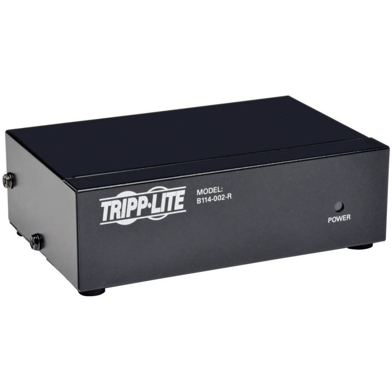 Front view of Tripp Lite B114-002-R VGA splitter showing black metal housing and power indicator