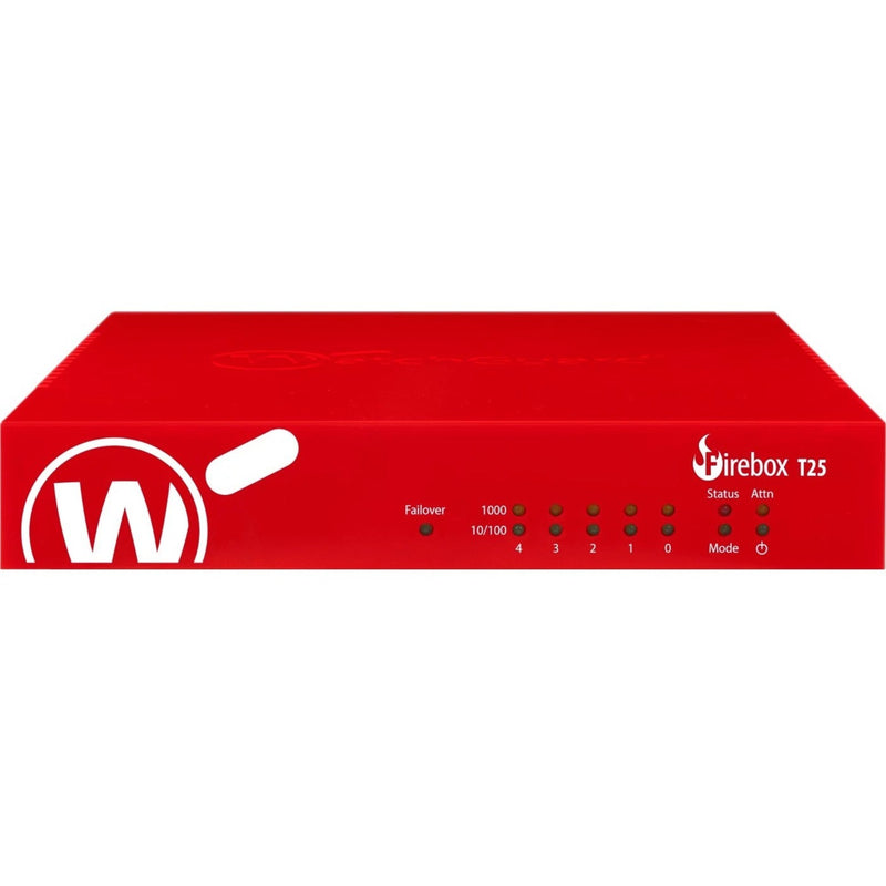 Front view of WatchGuard Firebox T25-W security appliance showing LED status indicators and WatchGuard logo