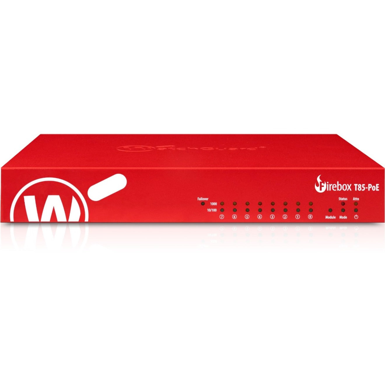 Front view of WatchGuard Firebox T85-PoE security appliance showing LED status indicators and network monitoring display-alternate-image1