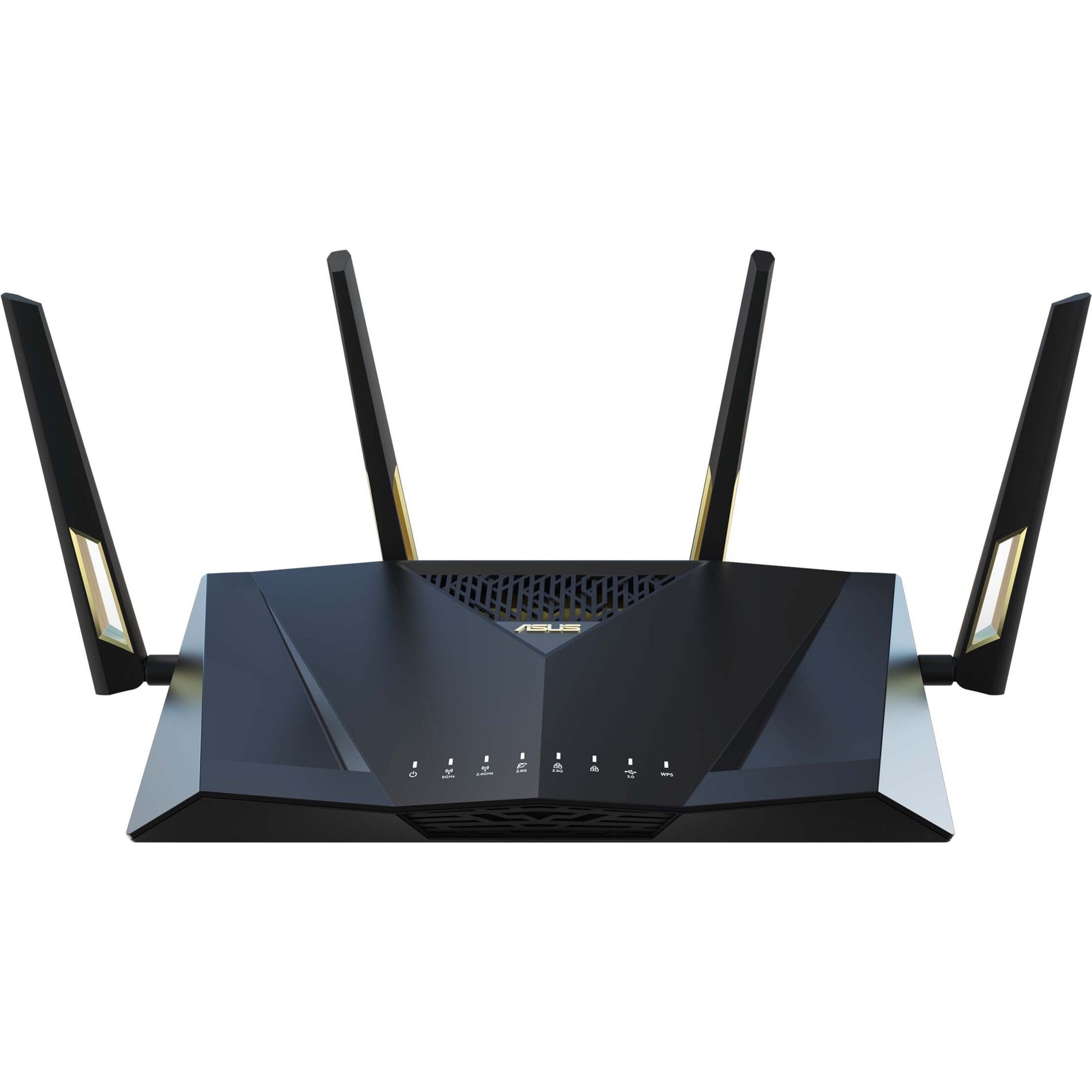 Front view of ASUS RT-AX88U PRO WiFi 6 router showing angular design with four antennas and LED status indicators-alternate-image1