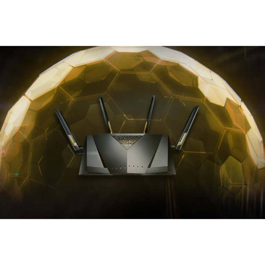 Artistic representation of ASUS RT-AX88U PRO router with golden shield effect highlighting security features-alternate-image7