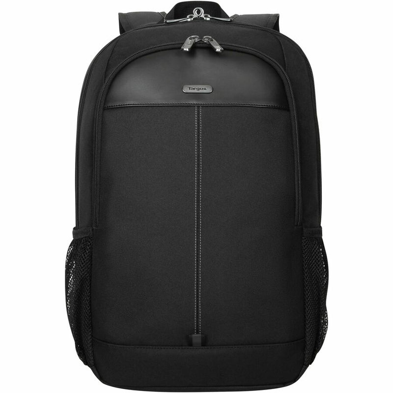 Front view of black Targus Classic Notebook Backpack showing main compartment and leather-look panel