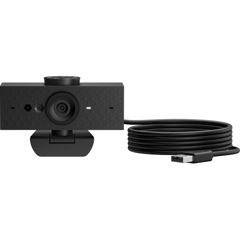 Front view of HP 625 FHD Webcam showing lens and textured surface design with USB cable