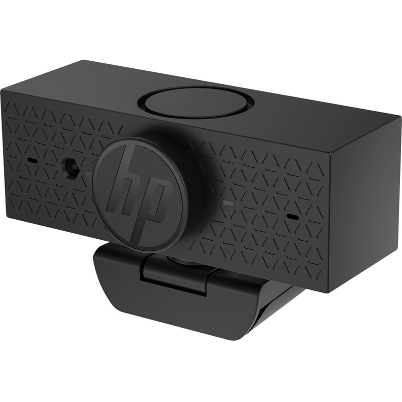 Angled view of HP 625 FHD Webcam highlighting control features and branding