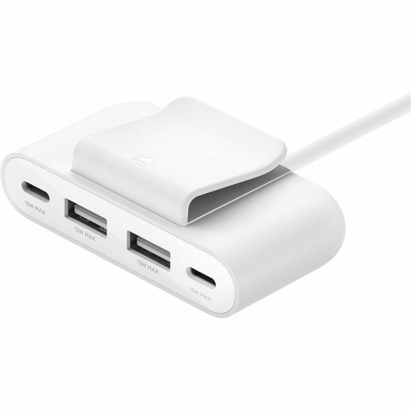 Close-up view of Belkin USB hub showing dual USB-C and USB-A ports with power specifications