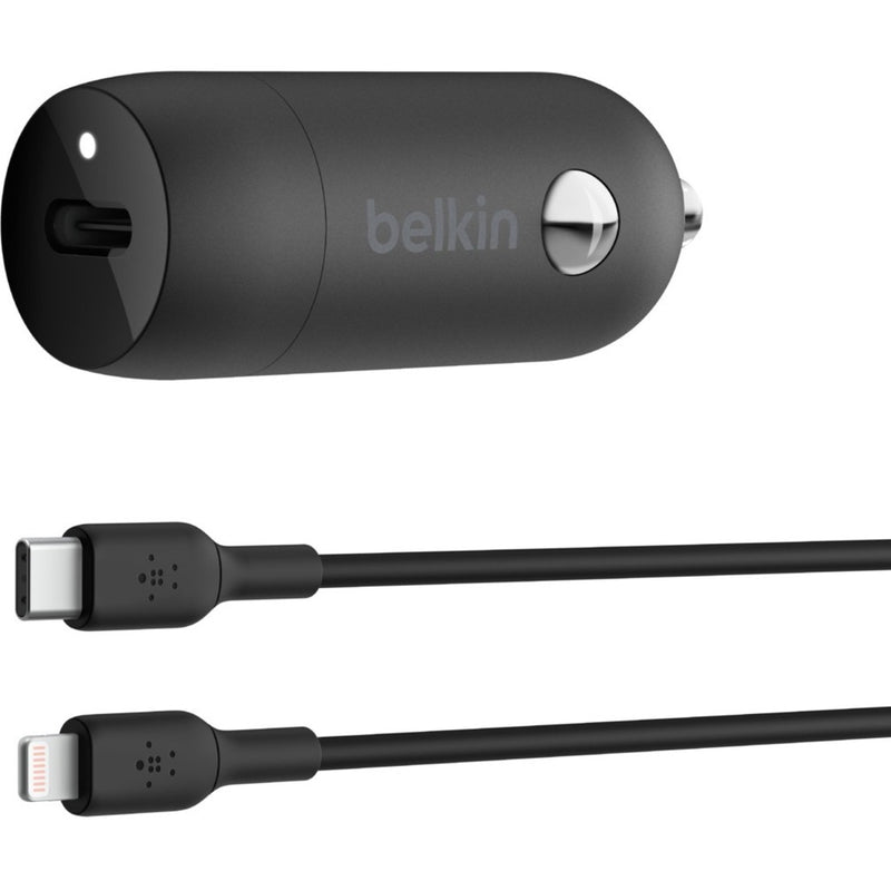 Belkin BoostCharge 30W USB-C car charger in black with attached USB-C to Lightning cable