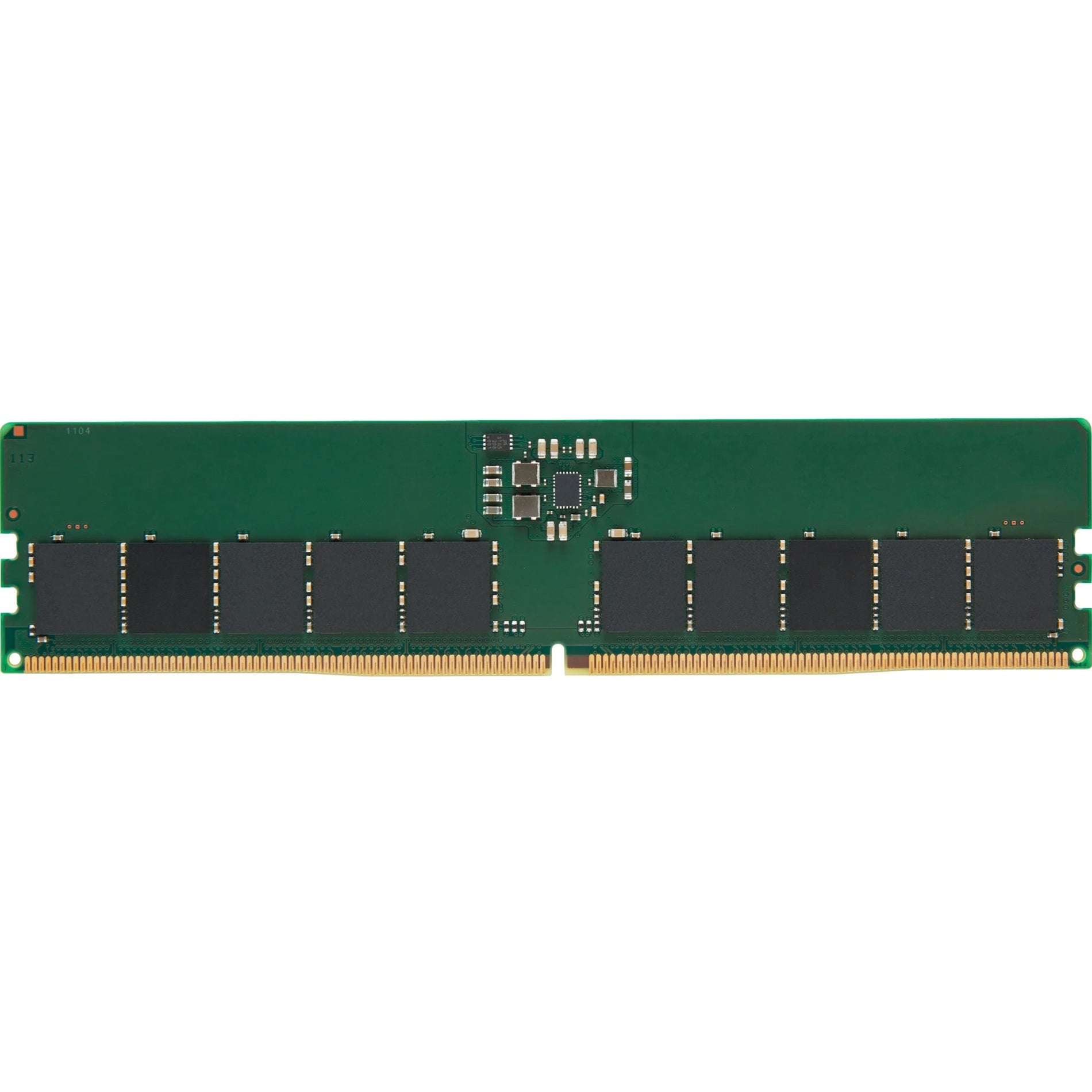 Front view of Kingston 16GB DDR5 ECC RAM module showing green PCB with black memory chips and gold connectors-alternate-image1