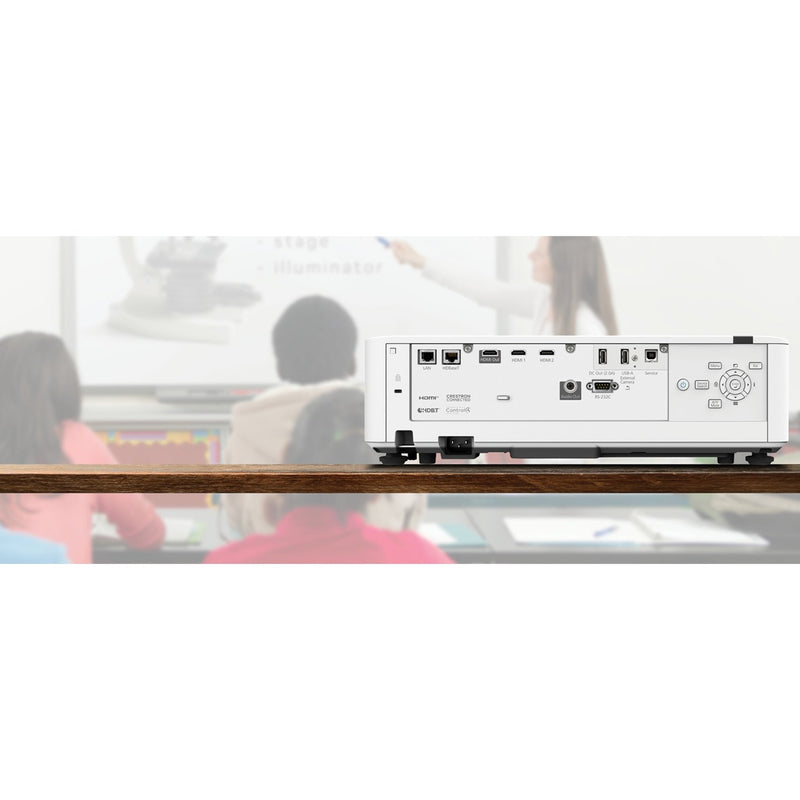 Epson PowerLite L770U projector in a classroom setting with rear panel connectivity