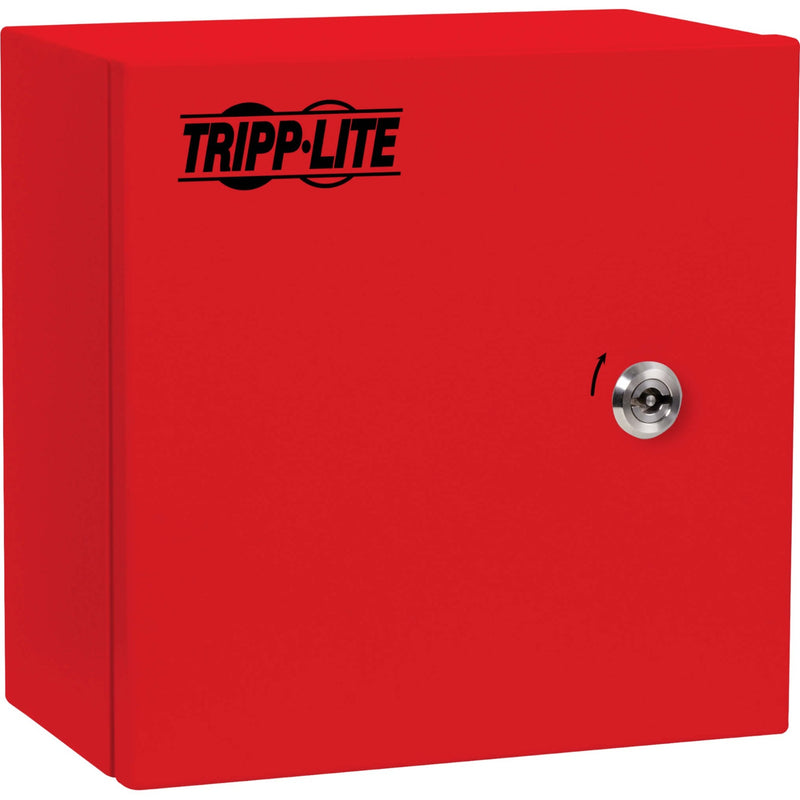 Front view of Tripp Lite SmartRack red industrial enclosure with key lock mechanism