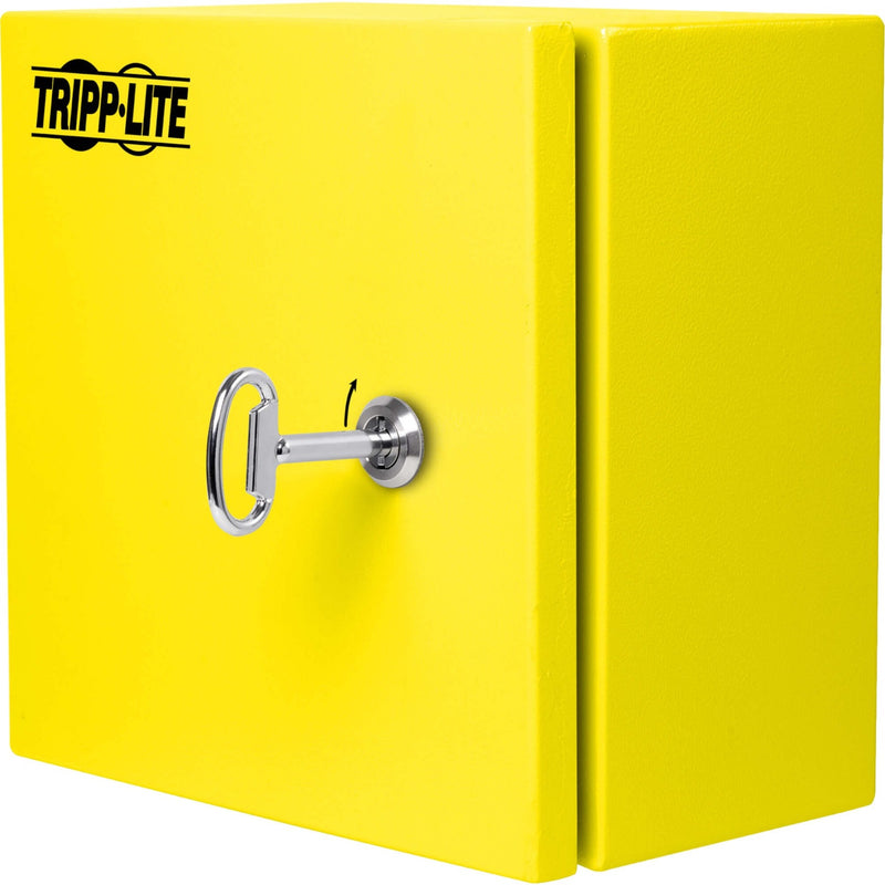 Close-up of key lock mechanism on yellow enclosure