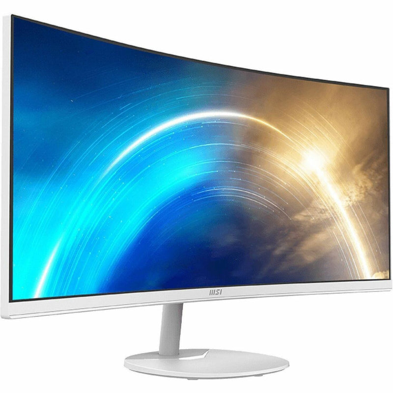 Front view of MSI Pro MP341CQW 34-inch curved ultrawide monitor with blue and gold gradient display