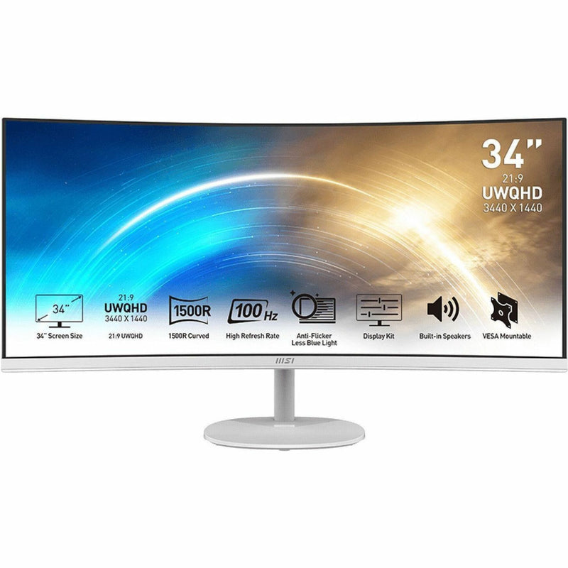 MSI Pro MP341CQW monitor displaying feature icons including screen size, refresh rate, and built-in speakers