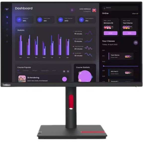 Front view of Lenovo ThinkVision T24i-30 monitor showing dark interface with purple graphs and statistics