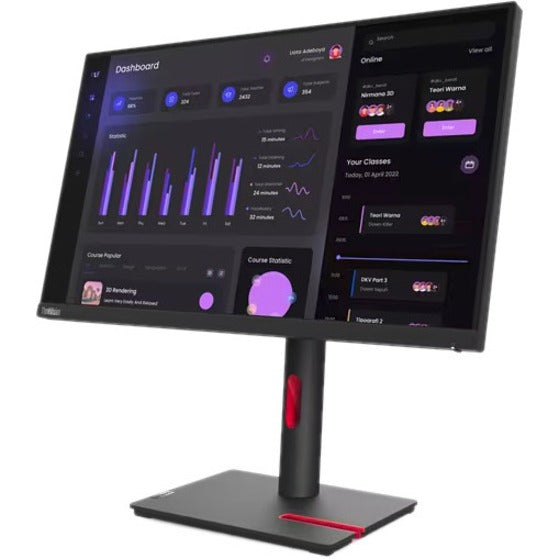 Angled view of Lenovo ThinkVision T24i-30 monitor displaying professional dashboard interface