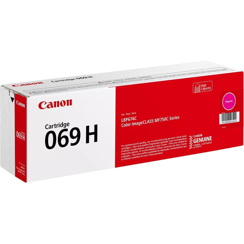 Detailed view of Canon 069H toner cartridge packaging showing product specifications and authenticity markers