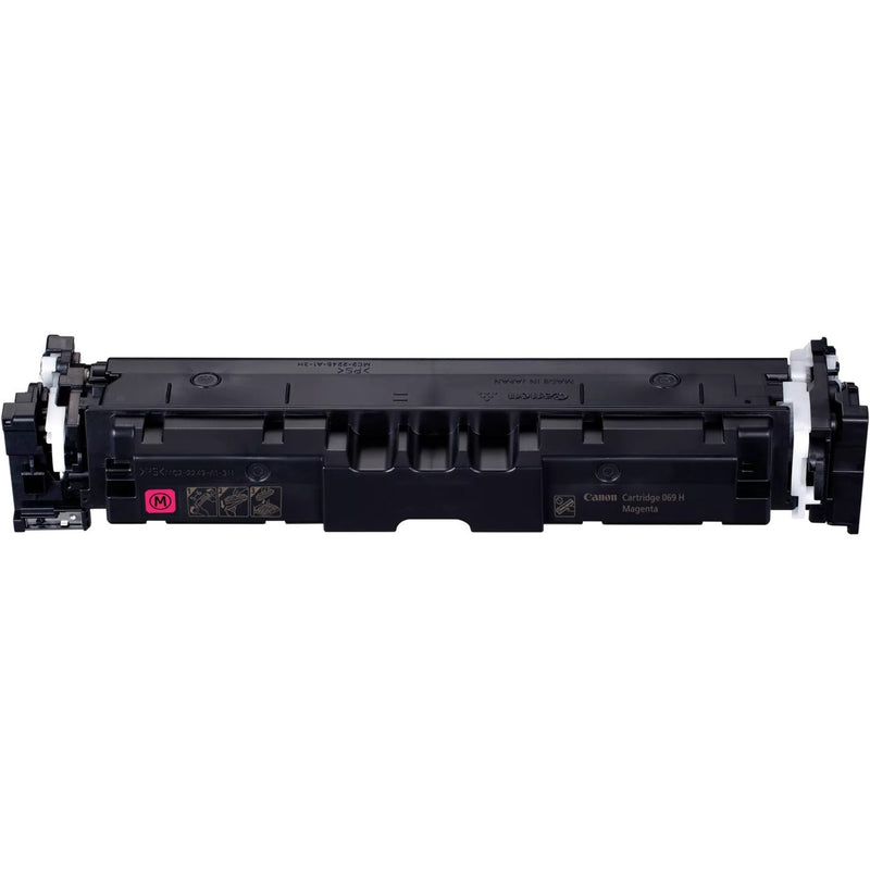 Top view of Canon 069H magenta toner cartridge showing quality markings and specifications