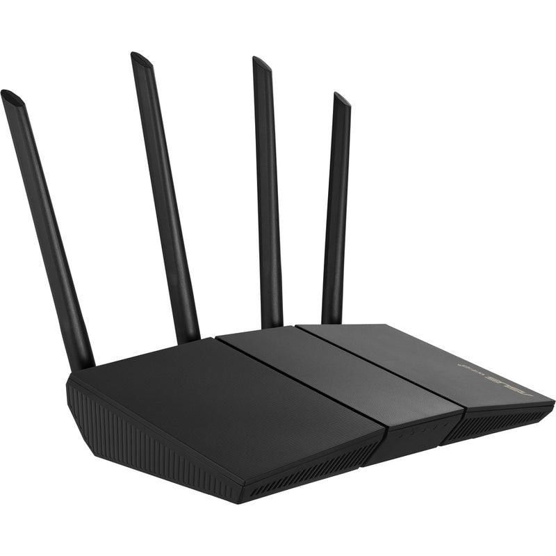 Side angle view of ASUS RT-AX57 router highlighting its sleek design and antenna configuration