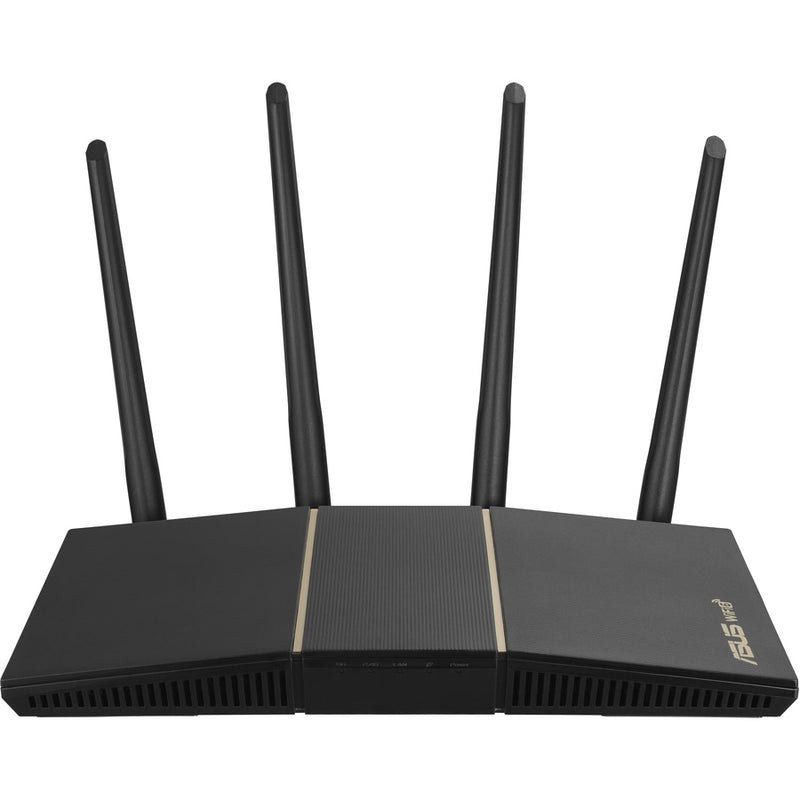 Front view of ASUS RT-AX57 WiFi 6 router showing four vertical antennas and textured black casing